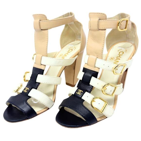 Chanel CC Logo Leather Strappy Gladiator Heels Sandals Black White Gold EU37 - Picture 11 of 11